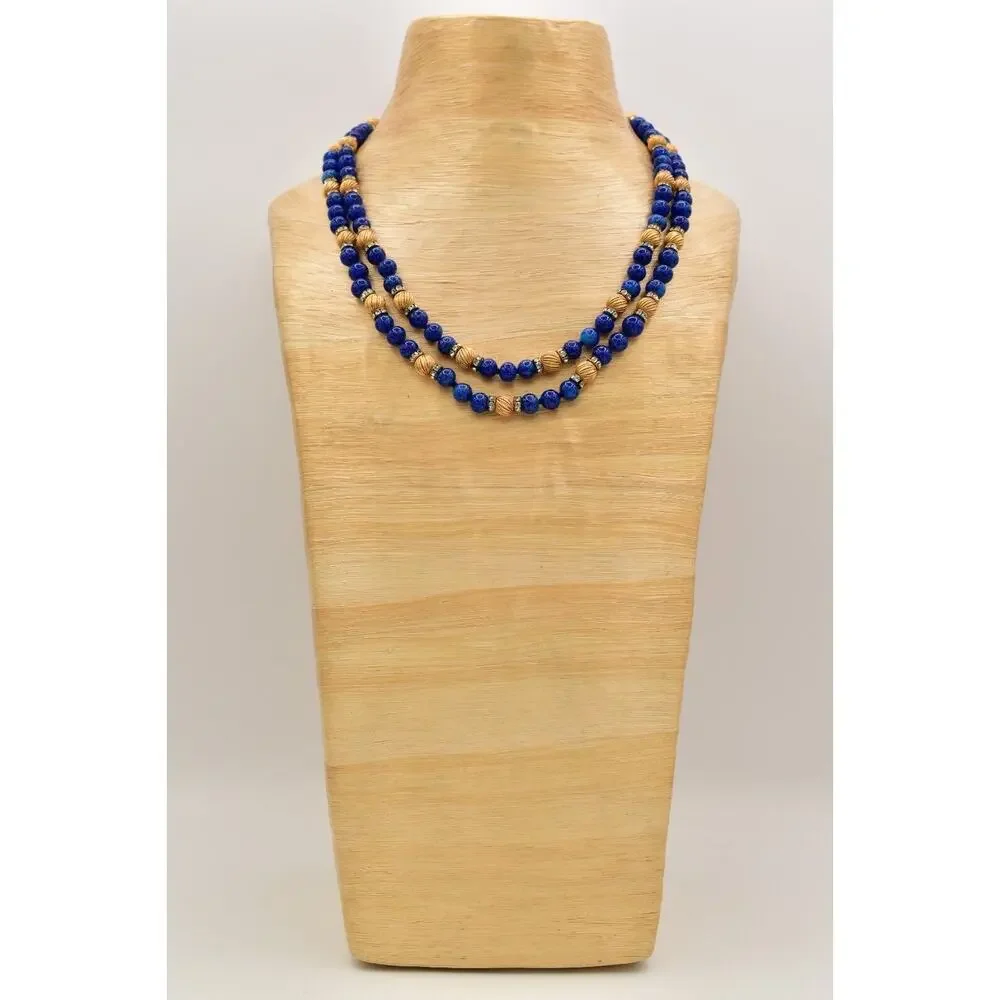 Vintage Lapis Lazuli Collar Beaded Necklace Layered Gold Tone Crystal 70s BinBD